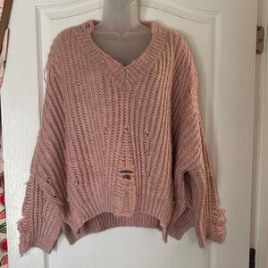 POL Distressed Pink V-Neck Sweater